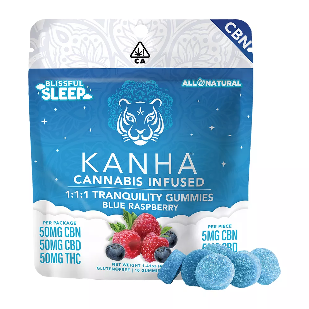 BLUE RASPBERRY TRANQUILITY GUMMY 1:1:1 CBN:THC:CBD 10 PACK 50MG