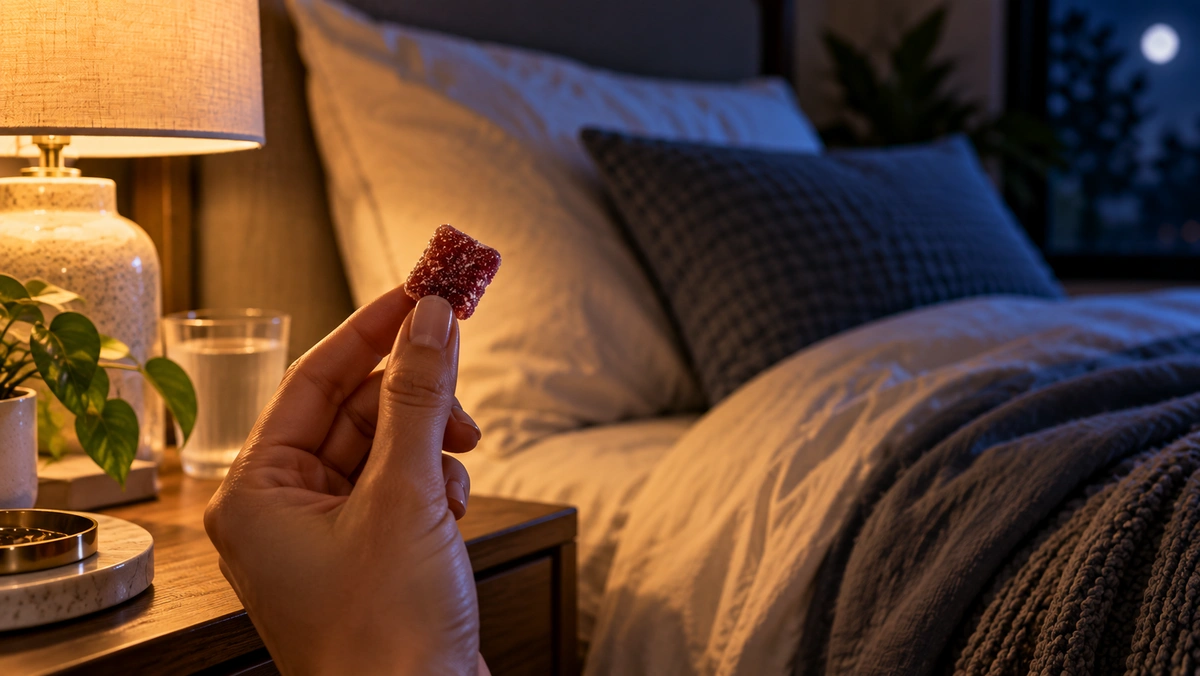 hand holding sleep gummy by bed