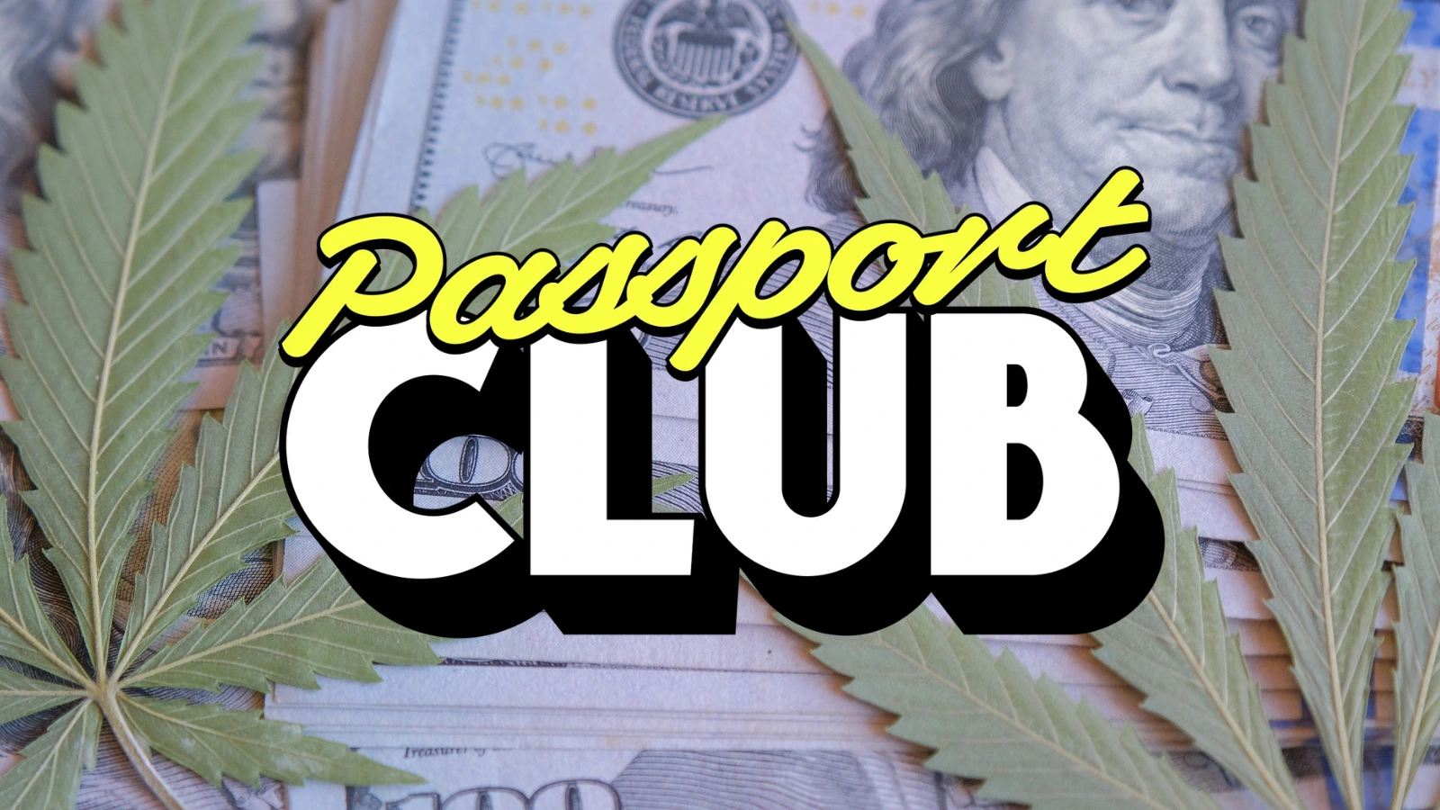 passport club logo over cannabis and currency