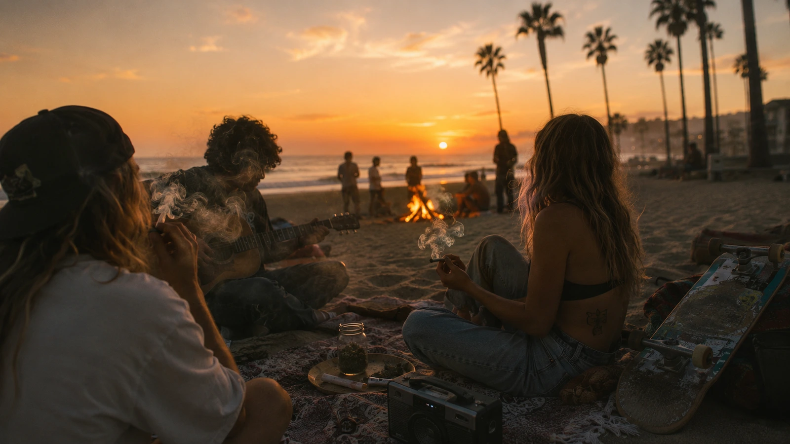 people smoking at beach at sunset