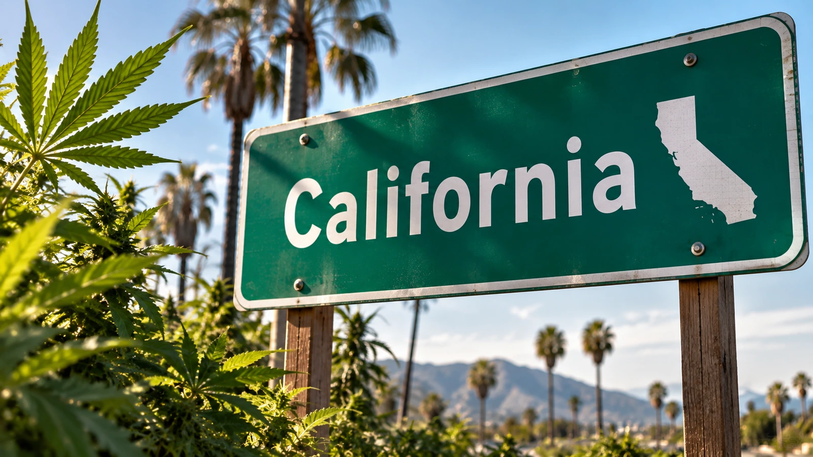 california state sign over cannabis plants to represent california cannabis laws