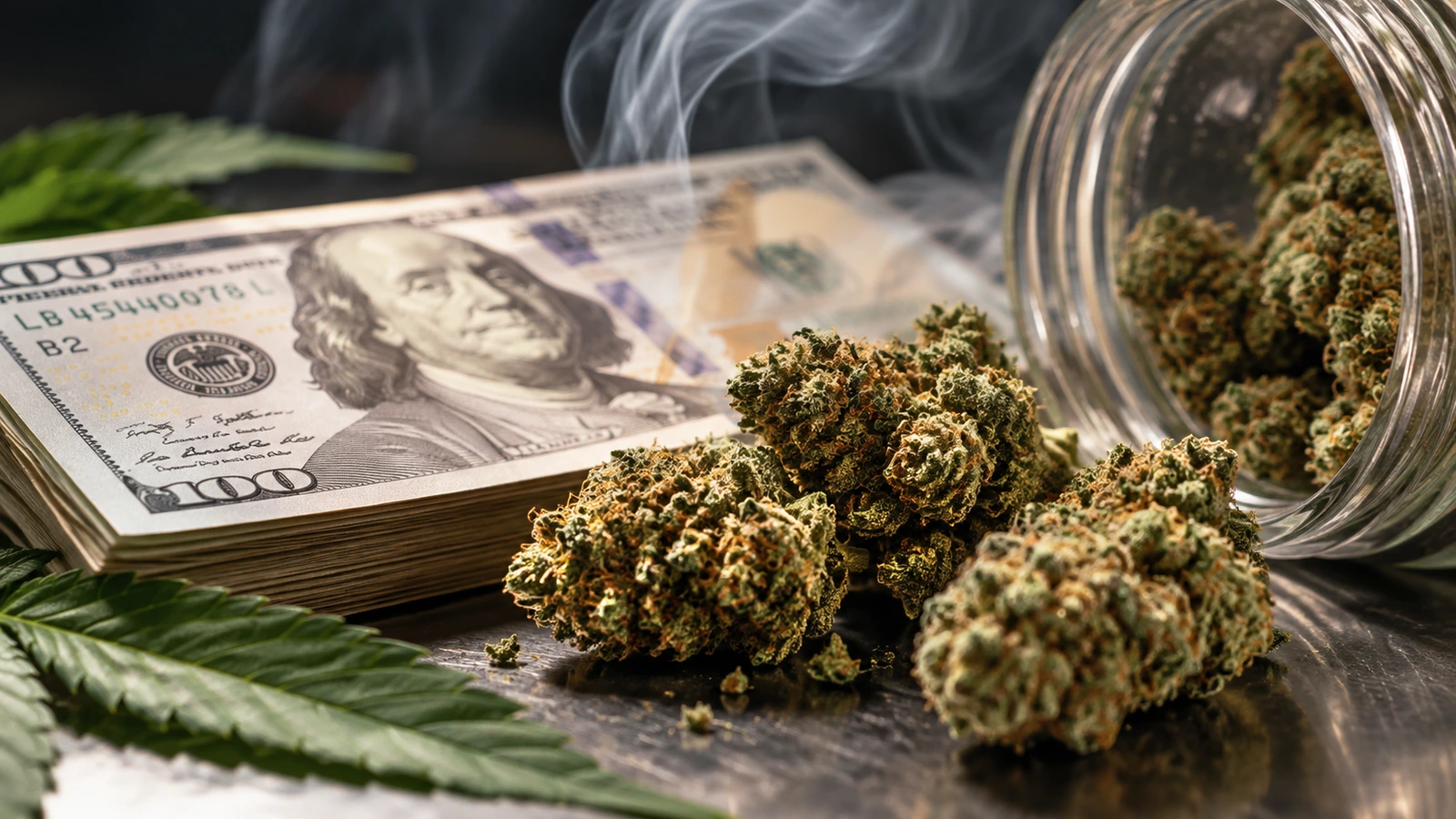 a cannabis jar with currency to represent california cannabis taxes