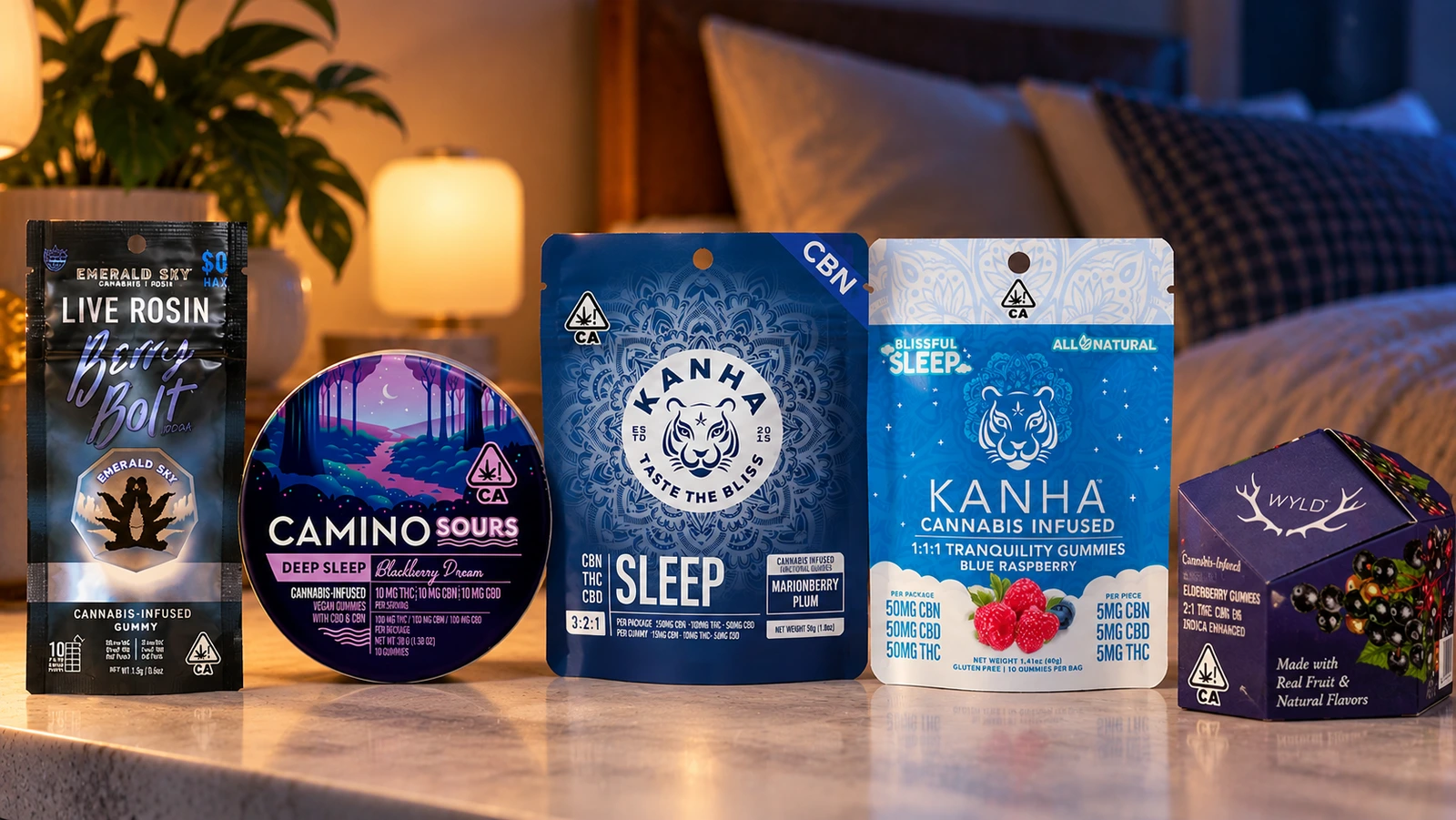 selection of the best gummies for sleep on a table by a bed