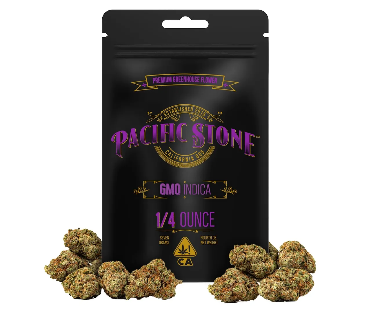 1/4 ounce of GMO cannabis buds with black pacific stone packaging.