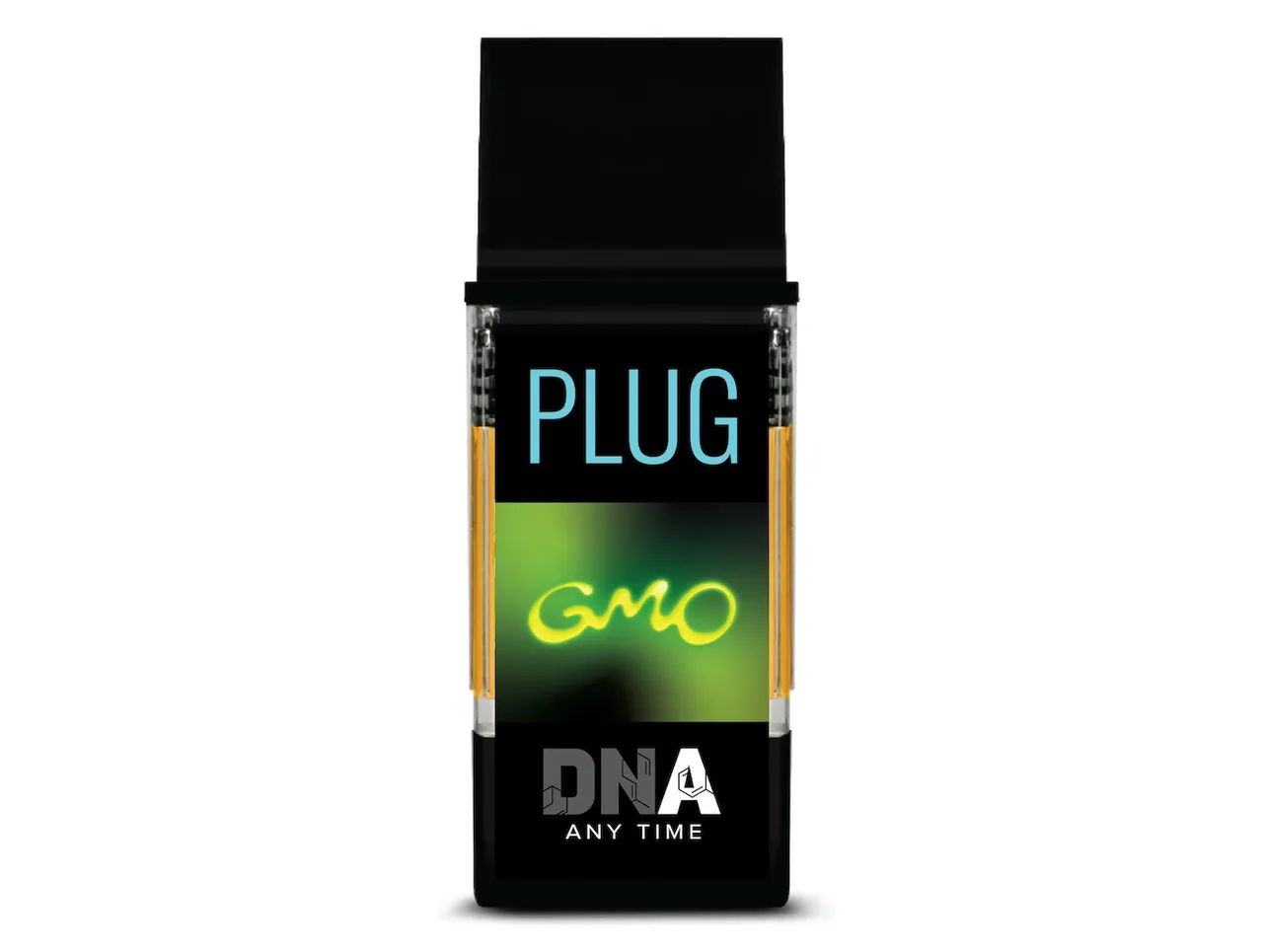 GMO cannabis concentrate in black DNA packaging.