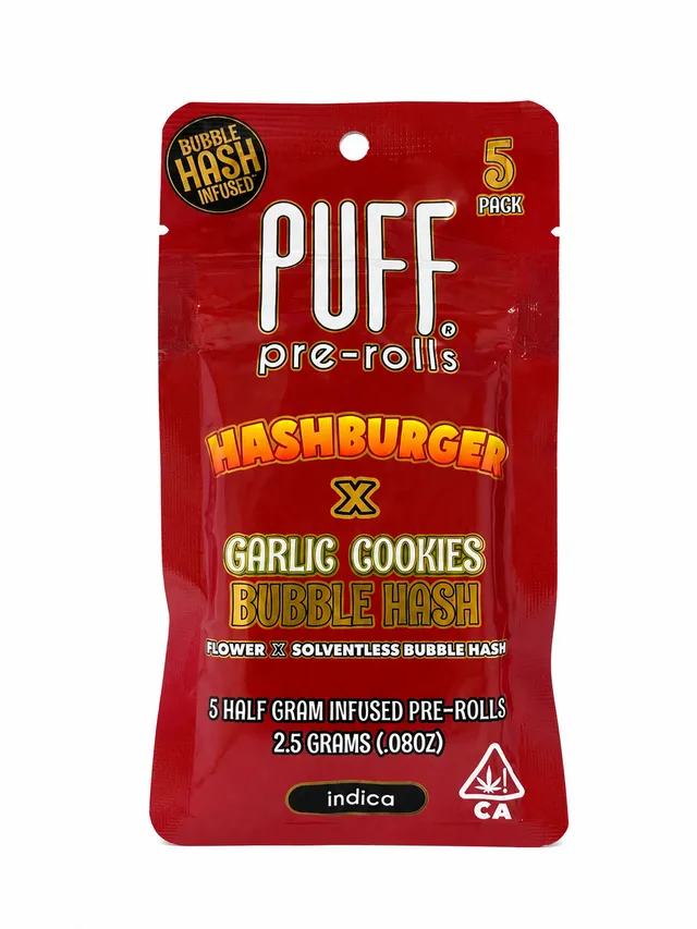 Red PUFF packaging containing 5 garlic cookies bubble hash joints
