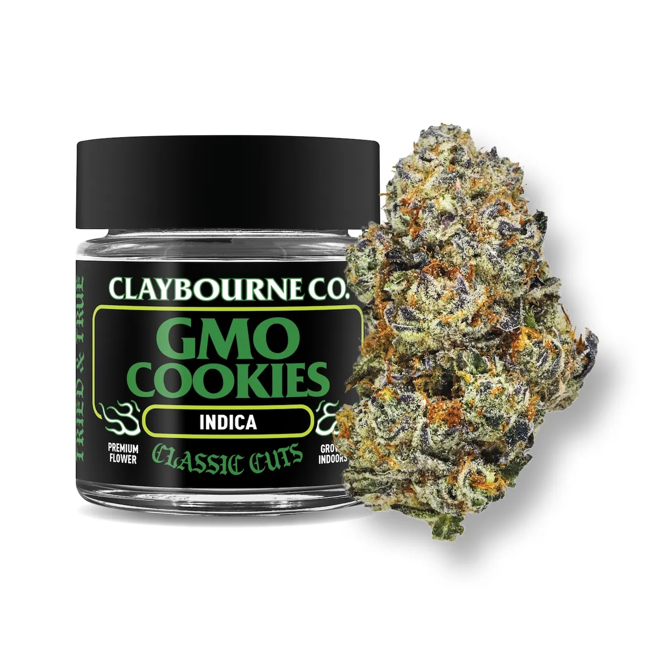 Claybourne Co GMO cookies 1/8 jar with very large zoomed in cannabis nug showing orange hairs and purple pockets within the bud.