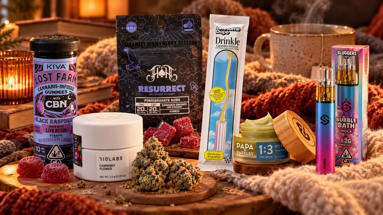 cozy season cannabis for relaxation product spread