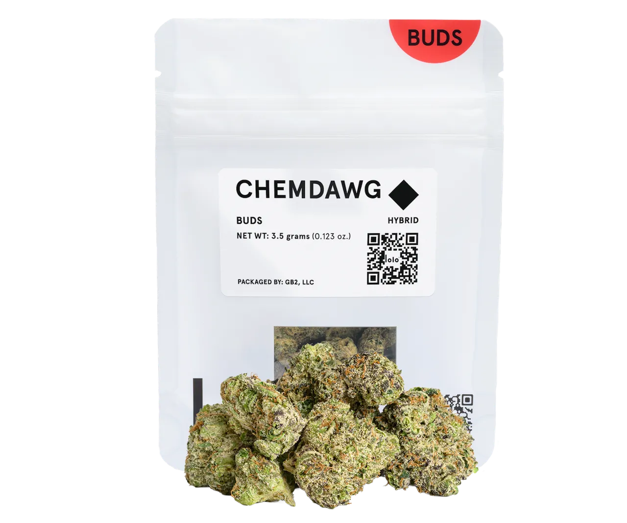 chemdawg cannabis flower in small 1/8th ounce pile in front of white Buds packaging.
